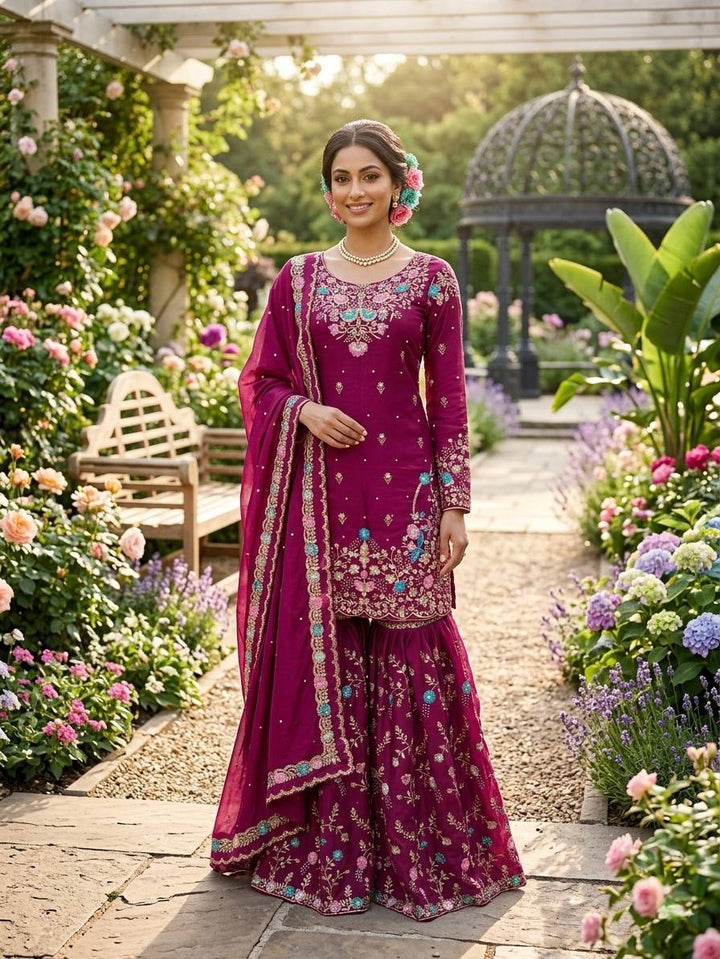 Women's Magenta Embroidered Kurta Sharara Set with Dupatta