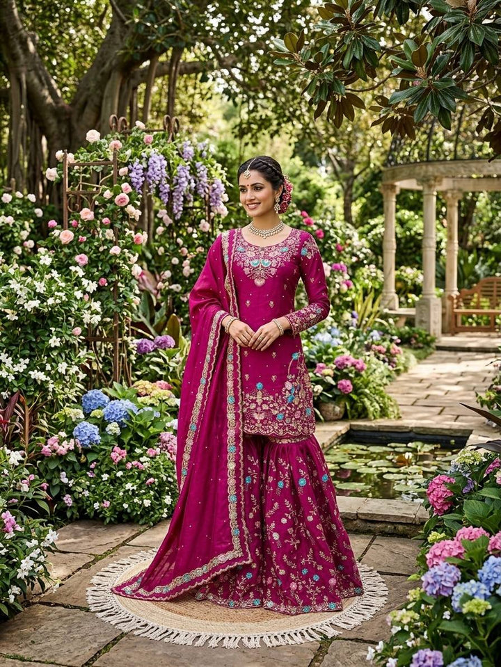 Women's Magenta Embroidered Kurta Sharara Set with Dupatta