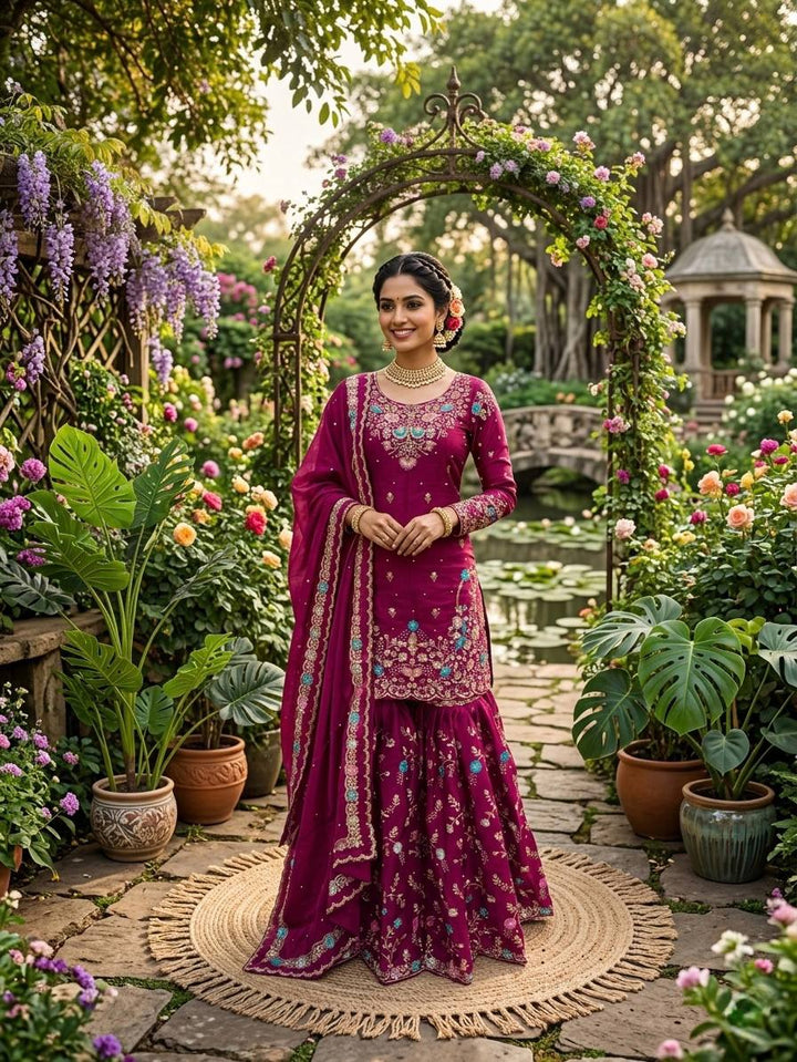 Women's Magenta Embroidered Kurta Sharara Set with Dupatta