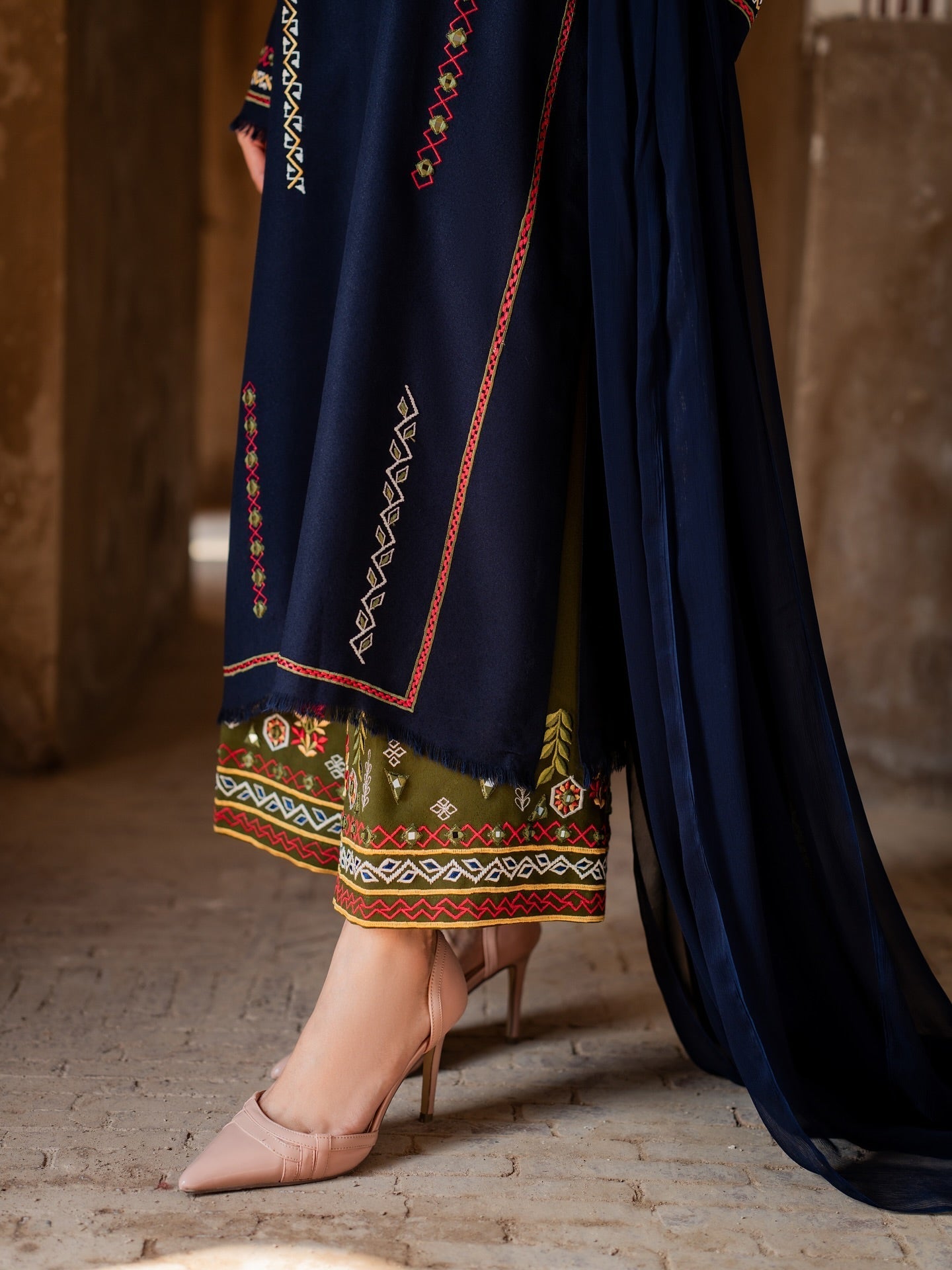 Women's Midnight Blue Embroidered Kurta Set with Sheer Dupatta