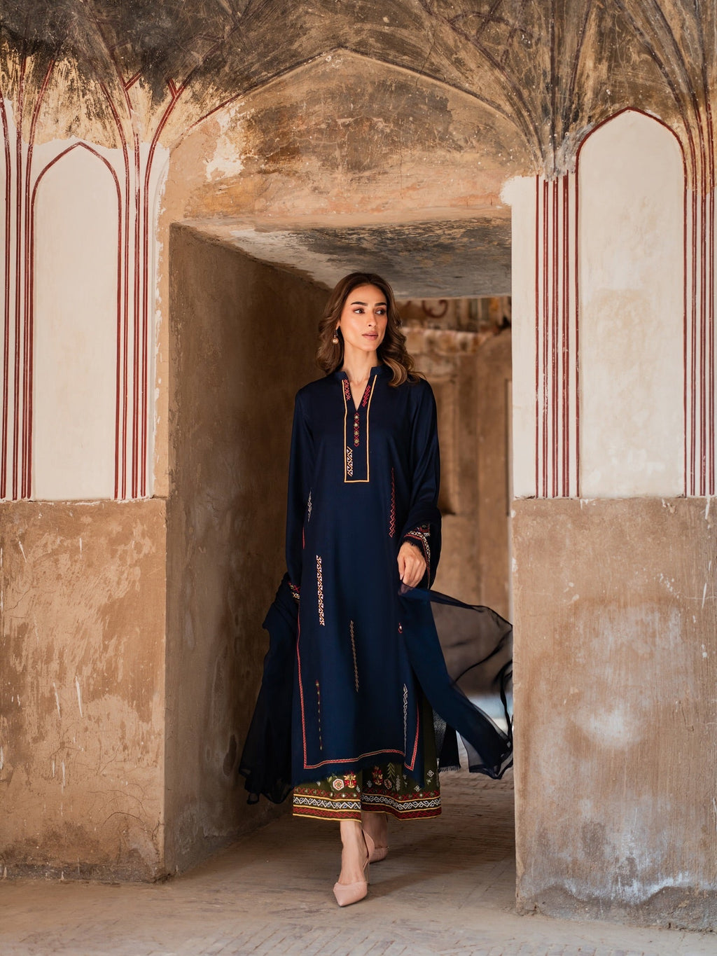 Women's Midnight Blue Embroidered Kurta Set with Sheer Dupatta