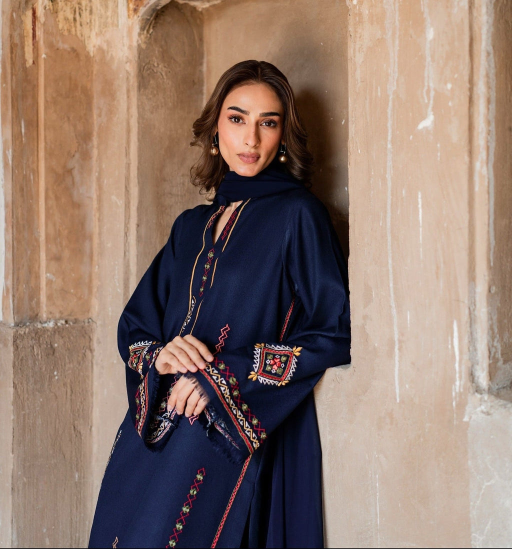 Women's Midnight Blue Embroidered Kurta Set with Sheer Dupatta
