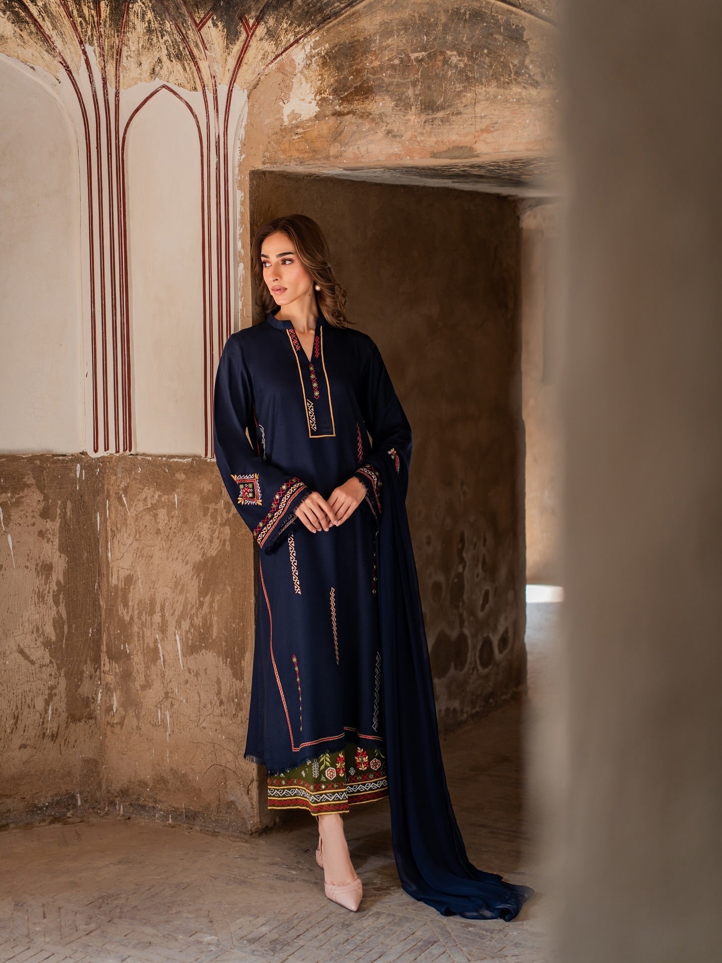 Women's Midnight Blue Embroidered Kurta Set with Sheer Dupatta