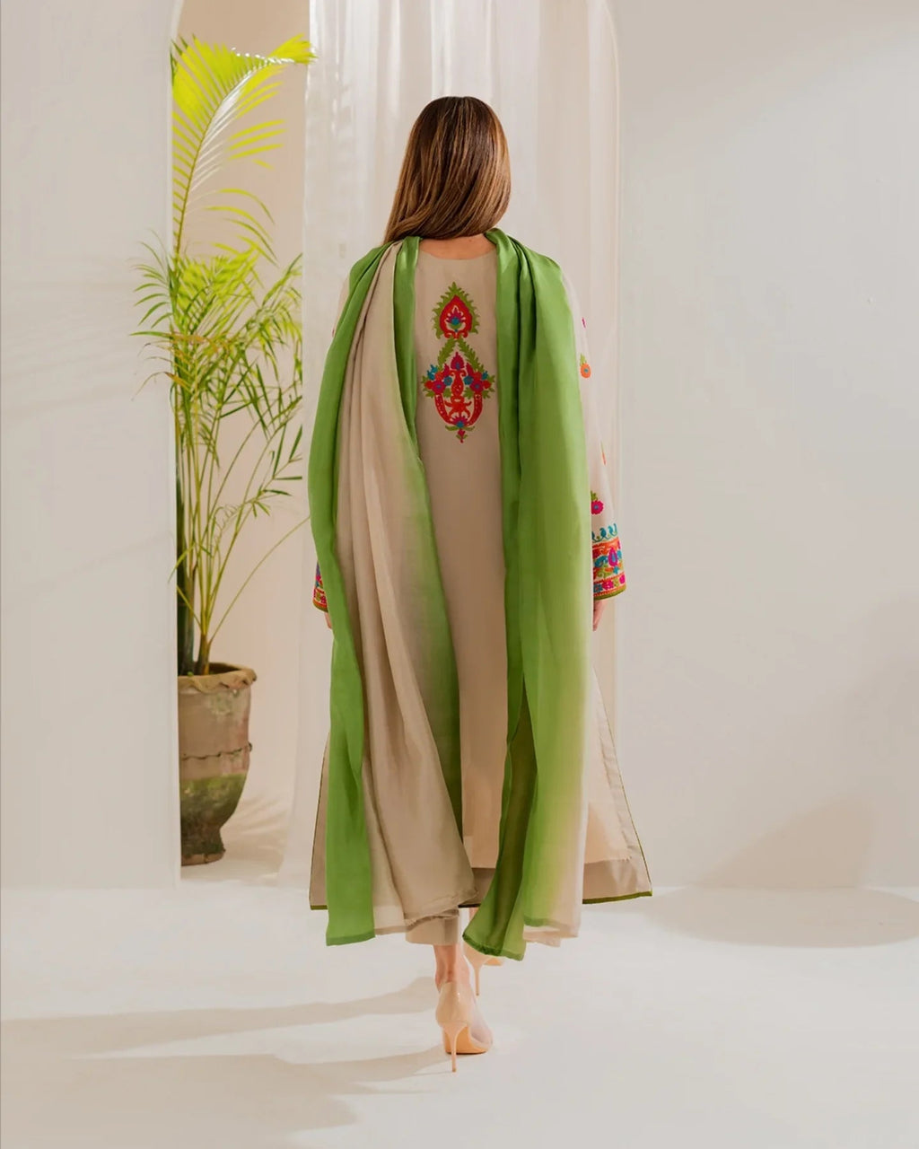 Women's Beige Multicolor Embroidered Straight Kurta Set with Contrast Dupatta