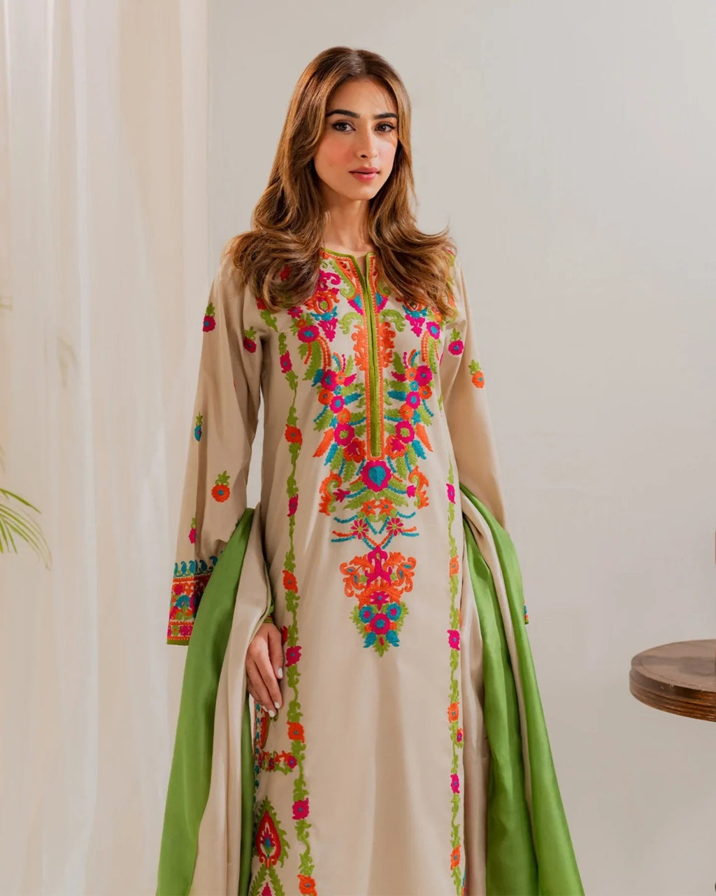 Women's Beige Multicolor Embroidered Straight Kurta Set with Contrast Dupatta