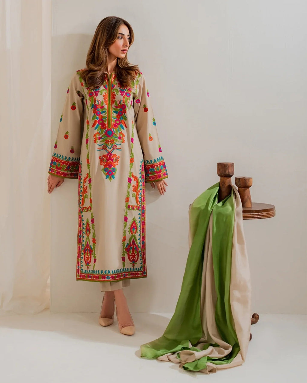Women's Beige Multicolor Embroidered Straight Kurta Set with Contrast Dupatta